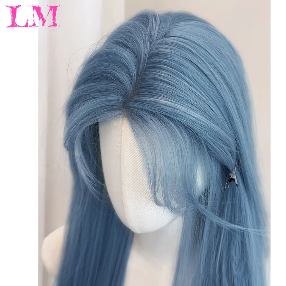 Pelucas sintéticas largas y rectas LM, color azul claro con reflejos de ceniza, peluca de Cosplay con flequillo para mujeres, pelo Natural, fibra resistente al calor