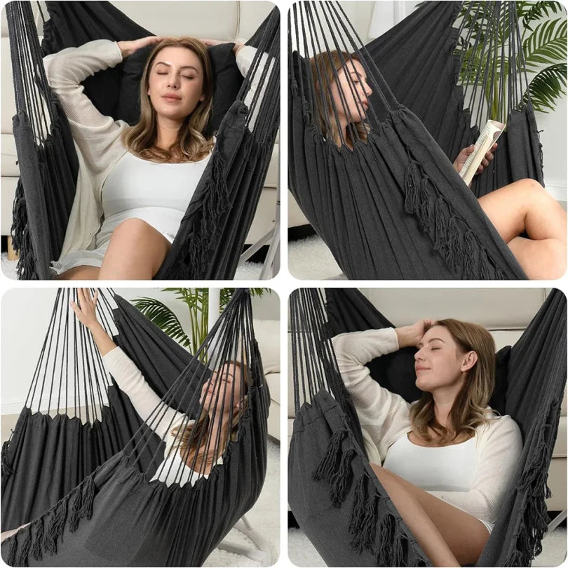 Silla Colgante de Macramé con 2 Almohadas |   Columpio de Cuerda de Algodón con Capacidad para 500 lb |   Diseño de bolsillo para uso en interiores/exteriores