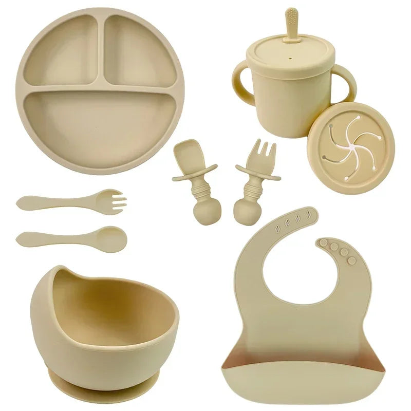 Juego de alimentación de bebé de silicona sin BPA, cuenco con ventosa, plato de comedor, taza de paja, cuchara, tenedores para niños, vajilla para bebés, platos para niños