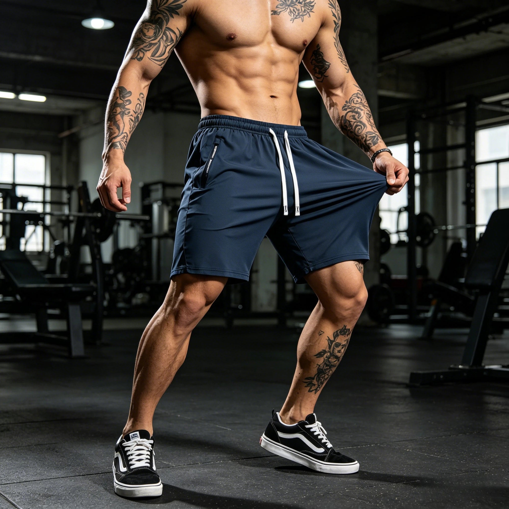Pantalones cortos de verano para hombre, de color liso, deportivos y casuales, cintura elástica con cordón, bolsillos laterales con cremallera, corte holgado, tela de alta elasticidad