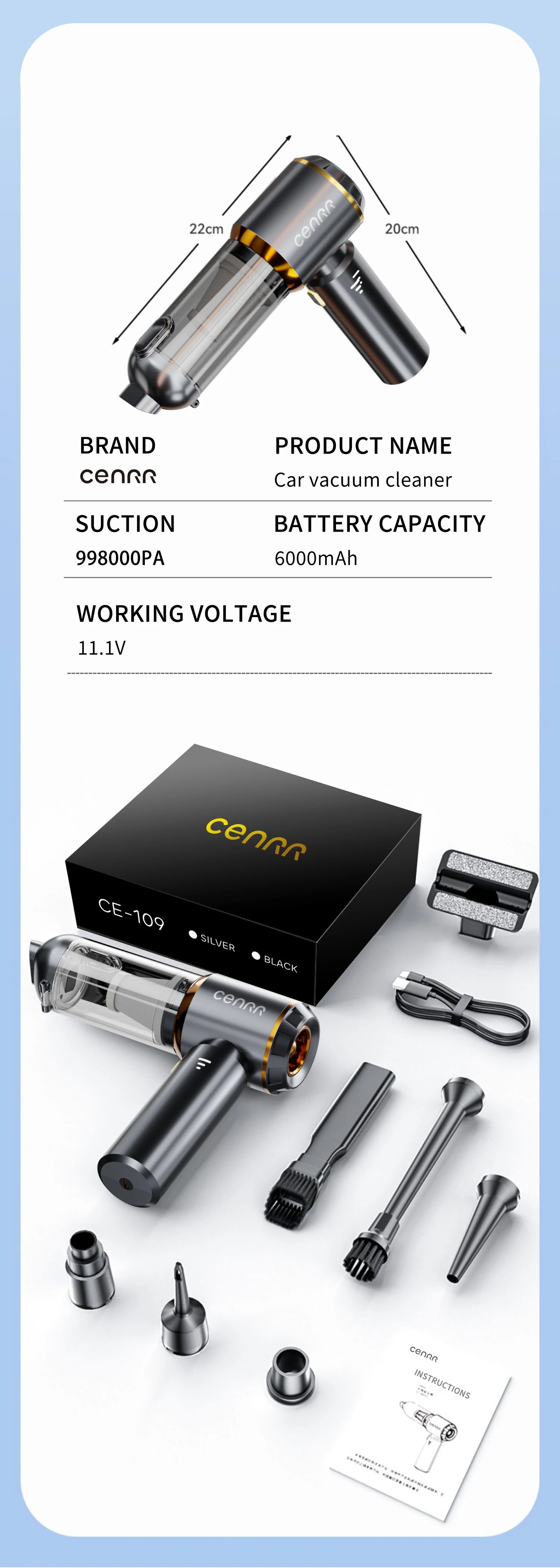 CENRR 2025 NUEVO Aspirador de Coche Potente Mini 998000 Aspirador portátil PA para electrodomésticos, soplador de mano, limpiador de coche