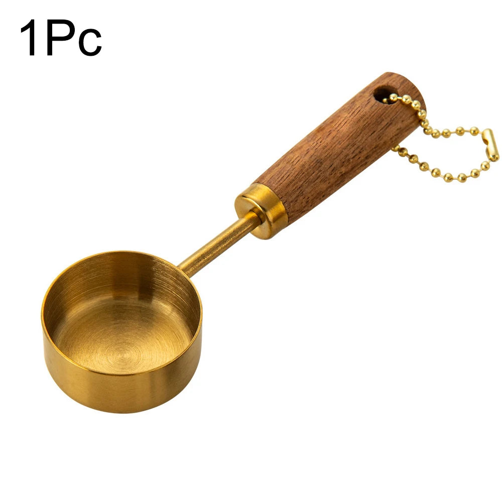 Mango de madera dorado, tazas medidoras de acero inoxidable, cucharas, herramientas para hornear, juego de cucharas medidoras de café, accesorios de báscula para barman