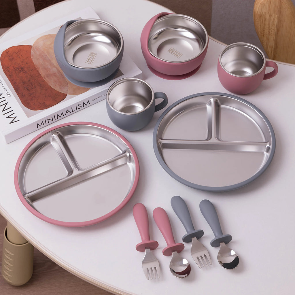 Juego de alimentación de bebé con plato de platos de acero inoxidable, cuenco con ventosa de silicona desmontable, sin BPA, tenedor infantil, cuchara, regalos, 5 uds.