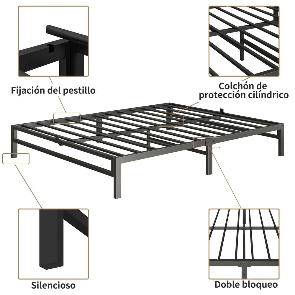 Cama matrimonial, Base de cama matrimonial, Bases de cama de acero inoxidable, Soporte de listones metálicos, Espacio de almacenamiento