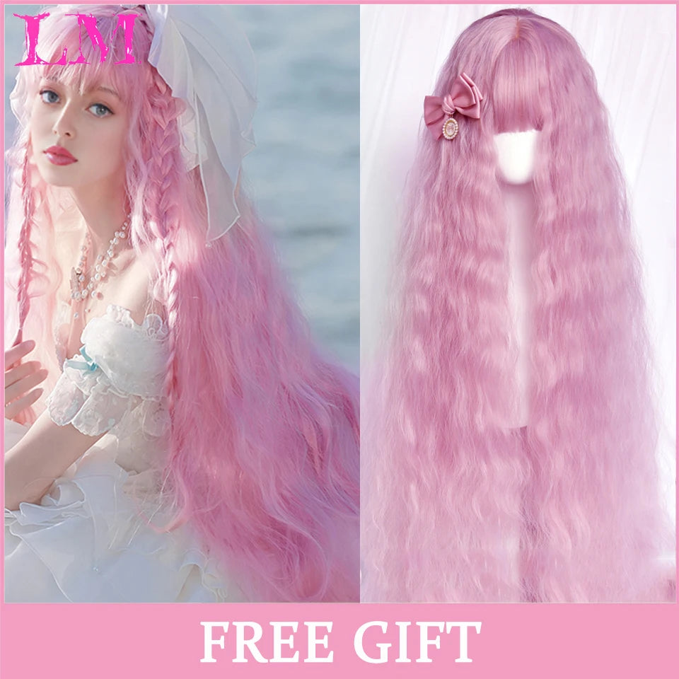 LM Rubio sintético Ombre mezclado rosa Rubio largo ondulado pelucas con flequillo Cosplay fiesta uso fibra resistente al calor para mujeres