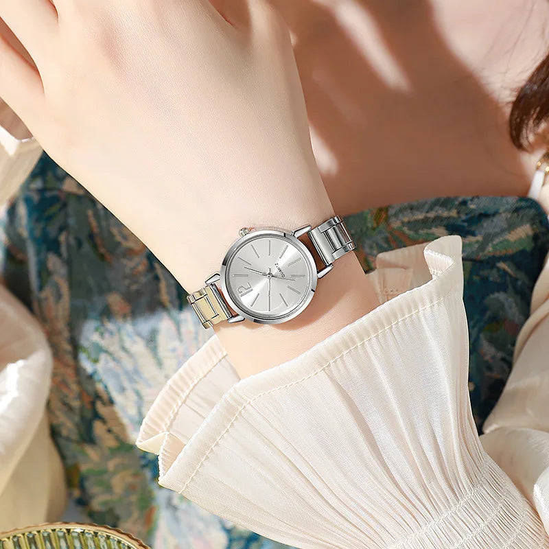 Reloj de lujo para Mujer, esfera redonda Simple, pulsera de oro de moda inoxidable, Reloj de pulsera de cuarzo, relojes para estudiantes y Mujer