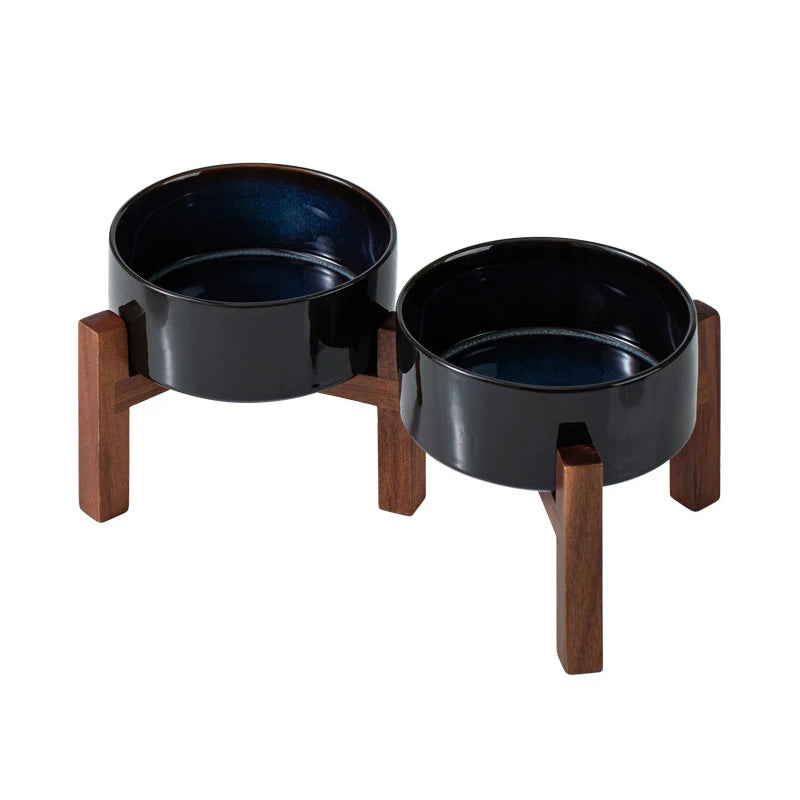 Cuencos grandes de cerámica para mascotas de 1800 ml con soporte de madera: platos de alimentación para perros grandes elevados dobles, cuencos antideslizantes para gatos