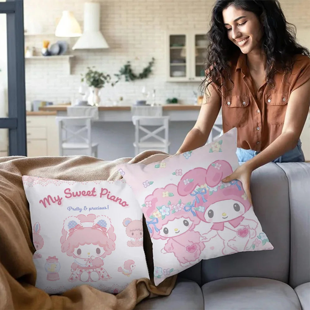 Sanrios-fundas de almohada rosa My Melody, sofá decorativo de dibujos animados para el hogar, estampado de doble cara, cojín bonito de felpa corto, nueva funda