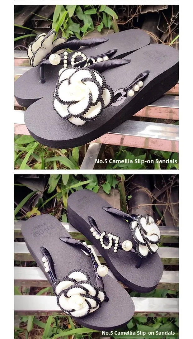 Sandalias Hechas a Mano con Suela Plana Antideslizante, Decoradas con Perlas, con Diseño de Flor de Camelia, Chanclas de Play...