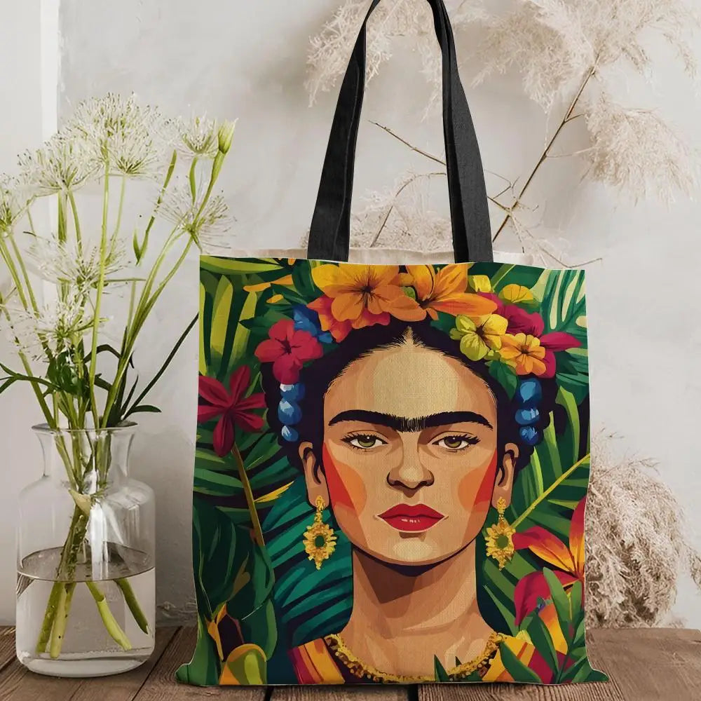 Bolsos de Almacenamiento Art F-Frida Kahlo, Bolso Tote de Lona con Estampado a Doble Cara, Bolso de Hombro de Gran Capacidad para Mujer