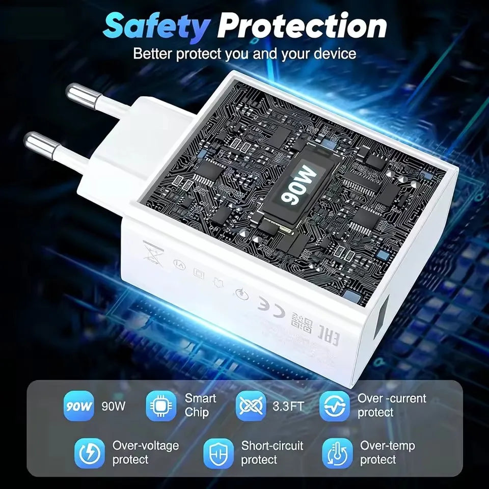 Cargador Rápido Turbo EU de 90W Máx. para Xiaomi 13 14 Ultra 15T Pro Redmi Note 14 15 Pro+ POCO F7 F8 X7 X8 con Cable USB Tipo-C en Ángulo