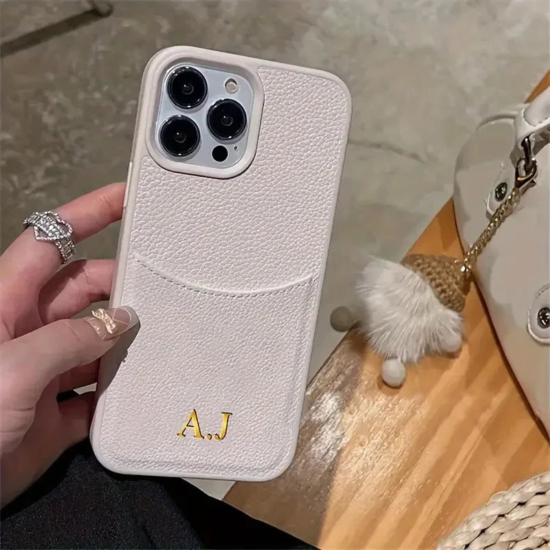 Funda personalizada con nombre inicial para iPhone 12, 13, 14, 15 16 Pro Max, bolsa de cuero de lujo con ranura para tarjetas, funda con patrón de lichi