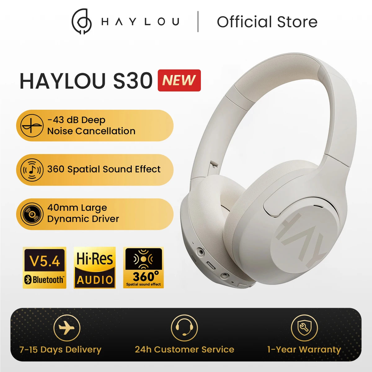 HAYLOU S30 ANC auriculares inalámbricos Bluetooth 5,4 auriculares de alta resolución 43dB auriculares adaptables con cancelación de ruido controlador de 40mm 80H