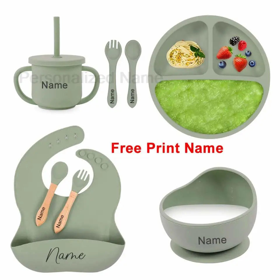 Juego de alimentación de silicona para bebé, plato de comedor redondo, cuenco con ventosa, platos para niños, vajilla con nombre personalizado, taza de paja, 8 Uds.