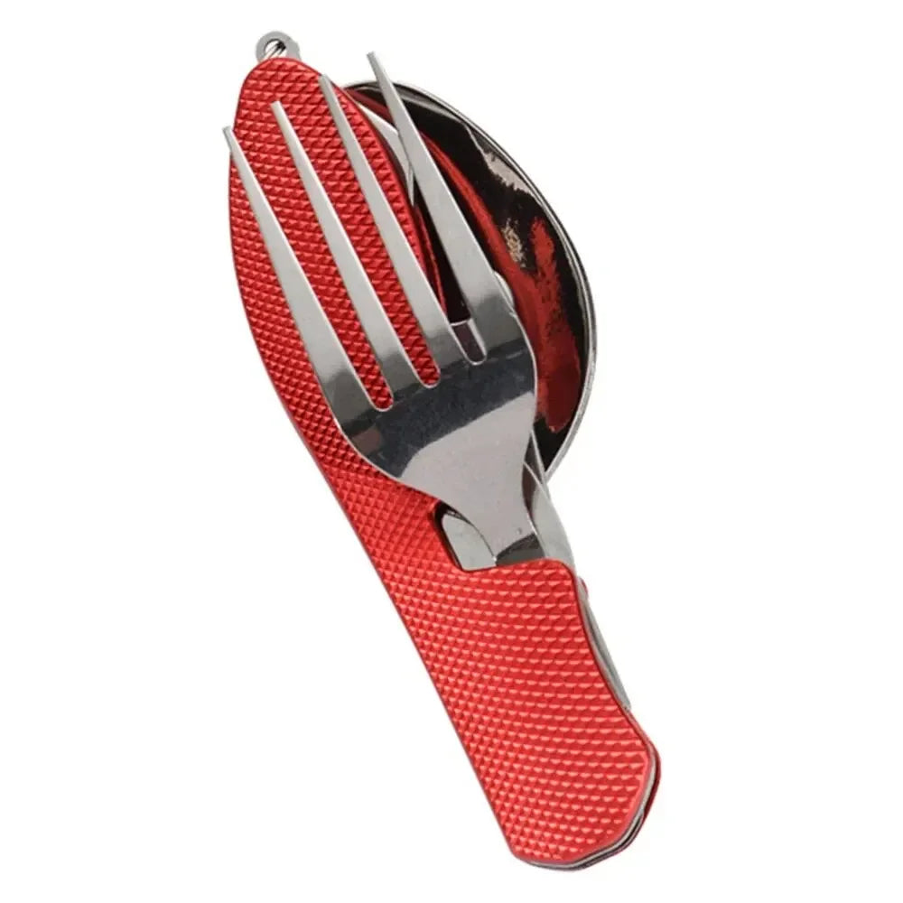 Juego de utensilios de camping plegables 4 en 1, cuchillo multifuncional, tenedor, cuchara, abridor de botellas para supervivencia al aire libre, deportes, camping y senderismo.
