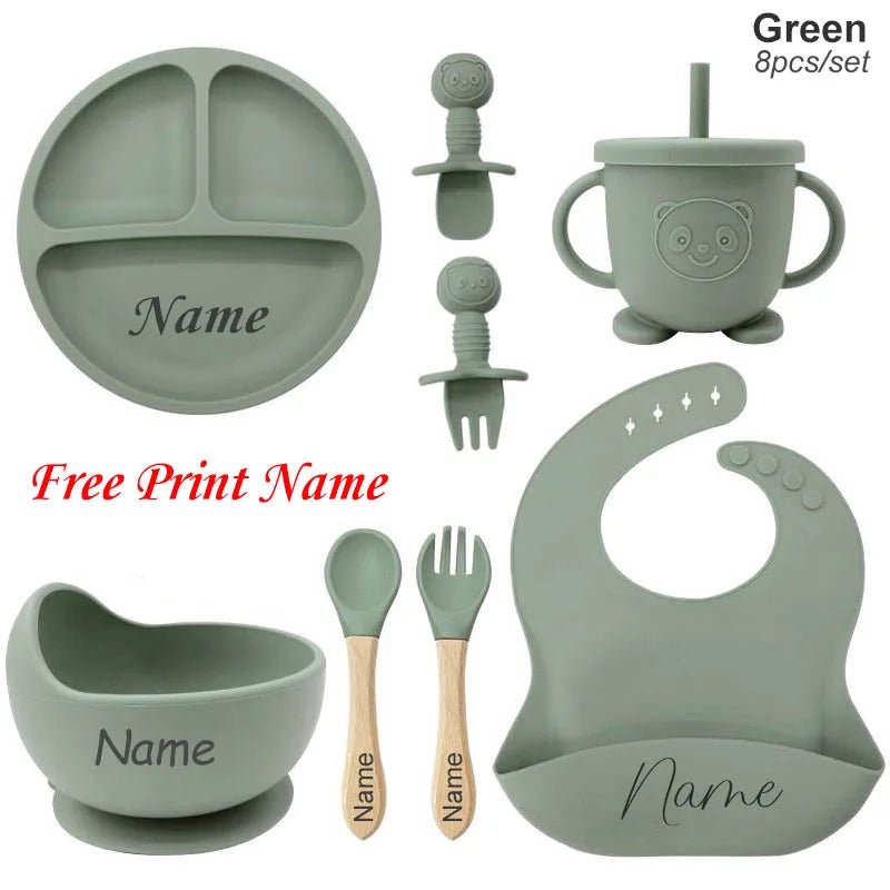 Juego de alimentación de bebé con nombre personalizado, plato de silicona para niños, tazón, taza de paja, vajilla personalizada para niños, suministros para bebés, regalo para recién nacidos
