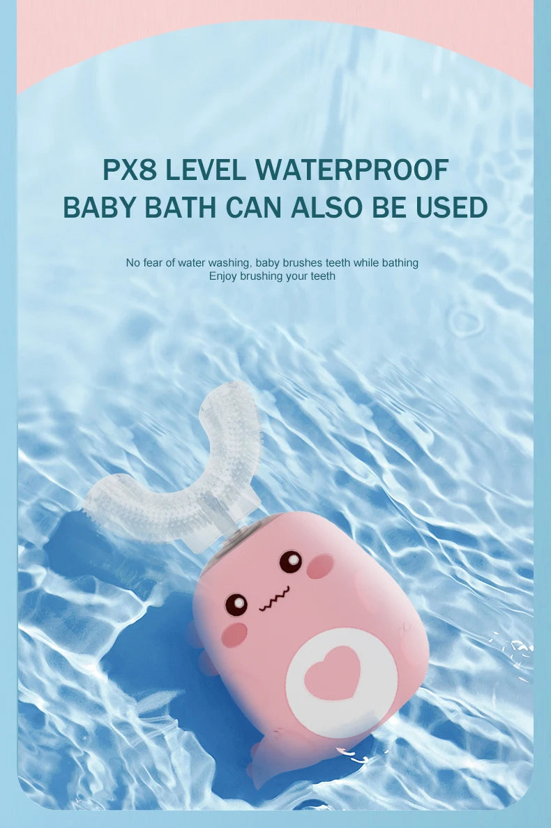 Cepillo de dientes eléctrico en forma de U para niños, cepillo de dientes sónico recargable automático de 360 grados con dibujos animados inteligentes para niños