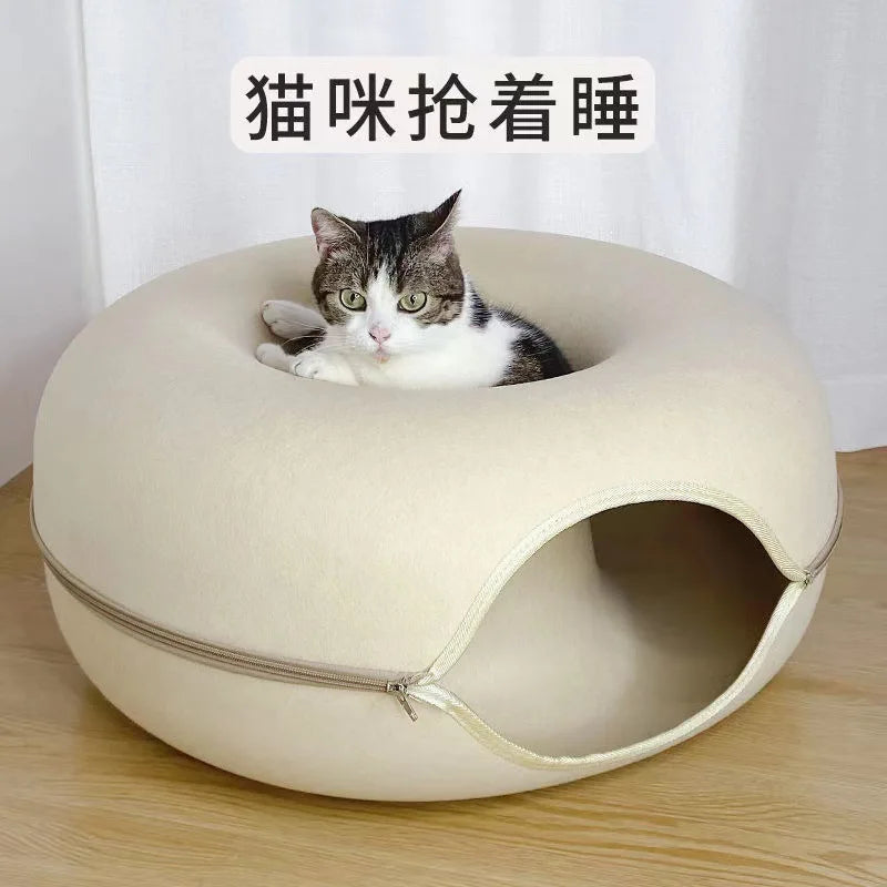 Cama Túnel para Gatos de Interior, Desmontable y Lavable, Cueva de Fieltro para Gatos, Escondite Interactivo, Nido de Descanso, Apto para Viviendas con Múltiples Gatos
