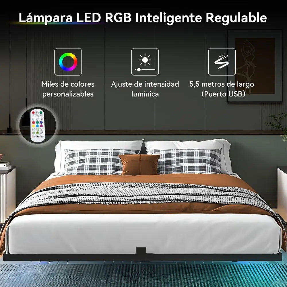 Base de Cama Matrimonial Flotante con Luces LED Ajustables, Regleta de Enchufes con USB, Plataforma de Metal con Listones de Acero