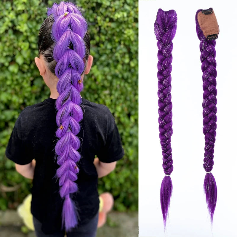 Peluca de grupo de chica de caza del diablo, cola de caballo, peluca púrpura, trenza dorada, trenzas de masa frita