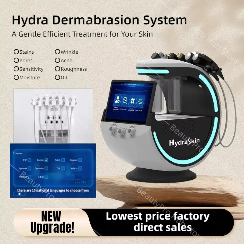 7 en 1 Analizador inteligente de azul hielo Máquina facial multifunción Diamond Hydra Dermoabrasión Facial Aquafacial
