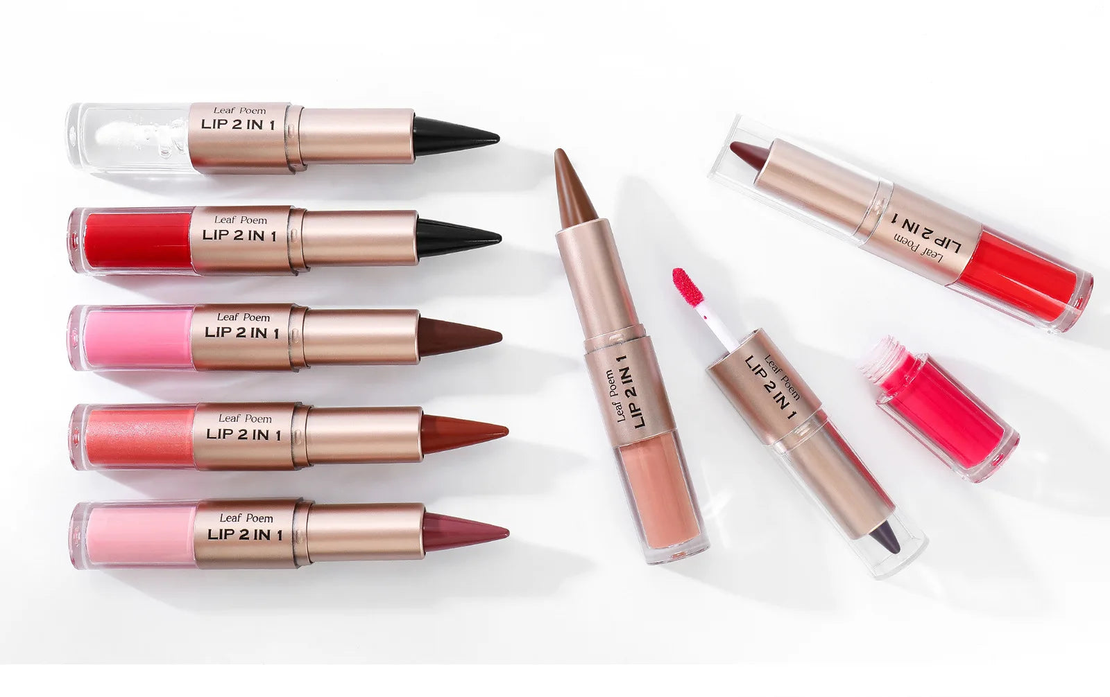 Delineador de labios cónico negro y marrón, lápiz de contorno, espejo de doble cabeza, brillo de labios de cristal, maquillaje de tinte de labios rojos sexis