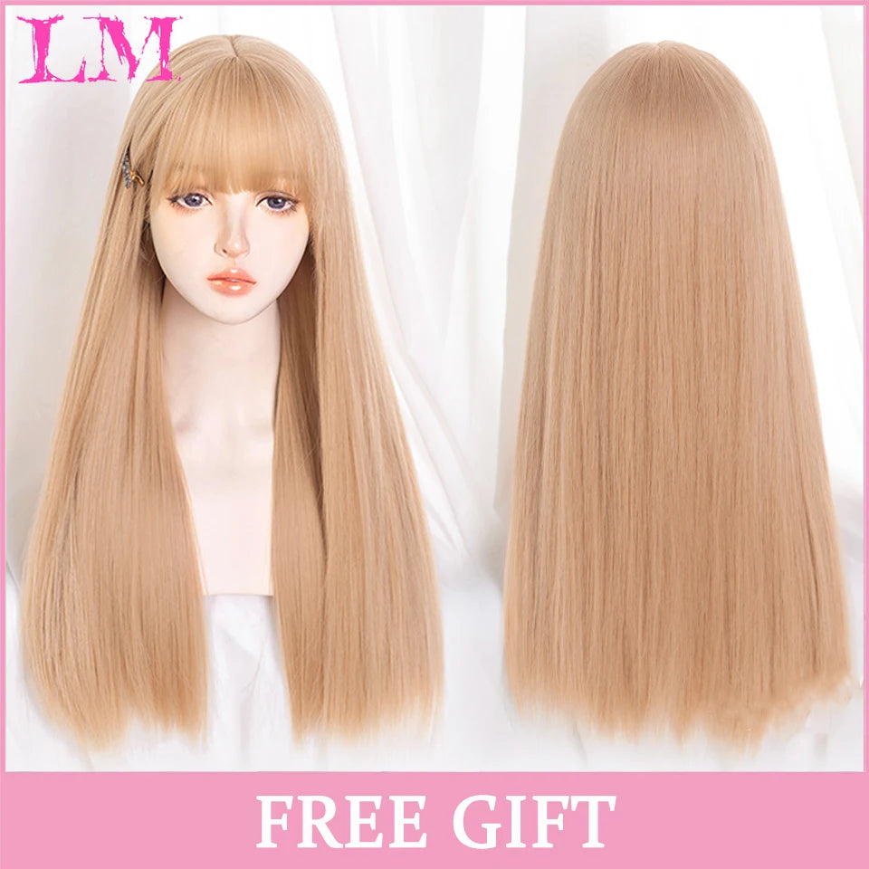 LM Rubio sintético Ombre mezclado rosa Rubio largo ondulado pelucas con flequillo Cosplay fiesta uso fibra resistente al calor para mujeres
