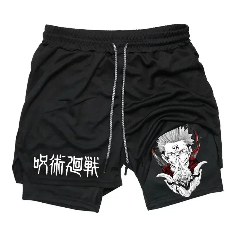 Pantalones cortos deportivos para hombre Jujutsu Kaisen Anime Graphic 2 en 1 pantalones cortos de compresión para hombre pantalones cortos de rendimiento de gimnasio de secado rápido atléticos