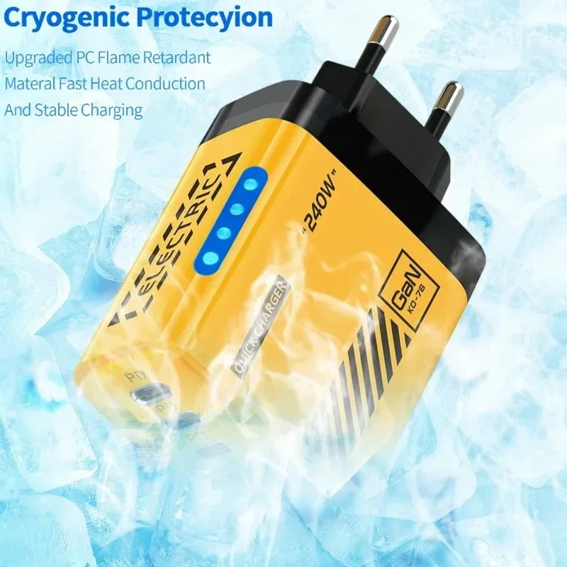 Cargador Rápido de Teléfono de 240W, Enchufe US/EU, QC3.0 PD USB, 5 Puertos, Cabezal de Carga GaN con Luz LED para iPhone 17 16, Samsung, Huawei