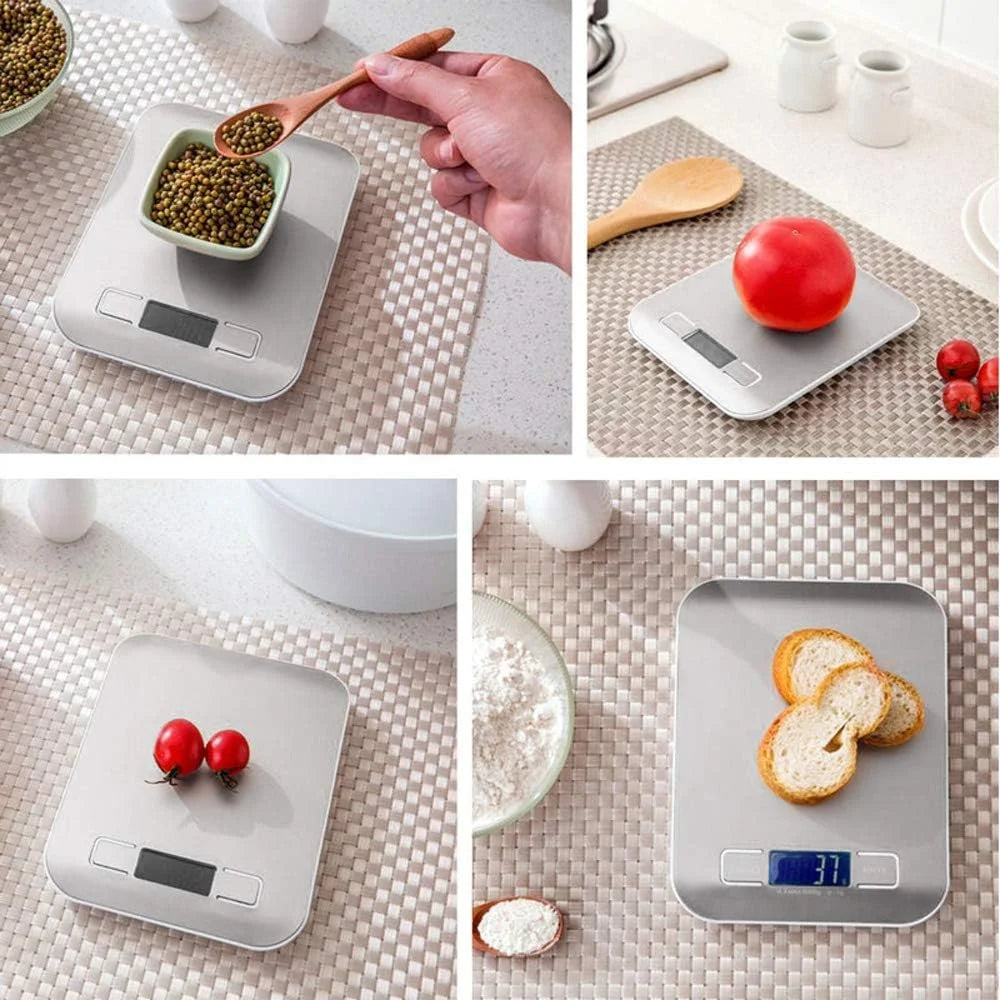 Báscula Digital de Cocina 10/5kg-1g con Pantalla LED, Panel de Acero Inoxidable, Báscula Electrónica para Pesar Alimentos, Snacks y Herramientas de Repostería