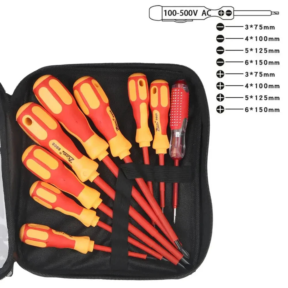 Juego de 10 Destornilladores Aislados VDE 500V, con Puntas Magnéticas Intercambiables y Estuche, para Electricistas Profesionales y Domésticos