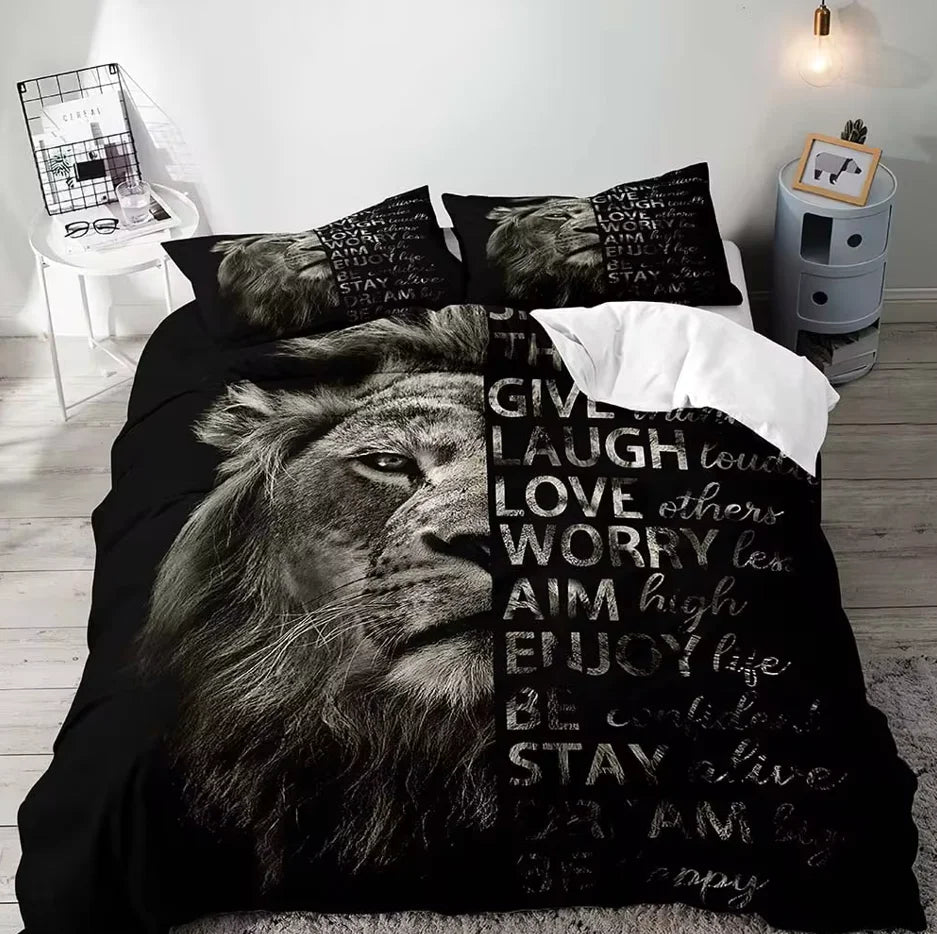Juego de cama de tamaño completo para parejas, funda de edredón, decoración de dormitorio, León, Rey y Reina, Animal Safari africano, color negro, 3 piezas