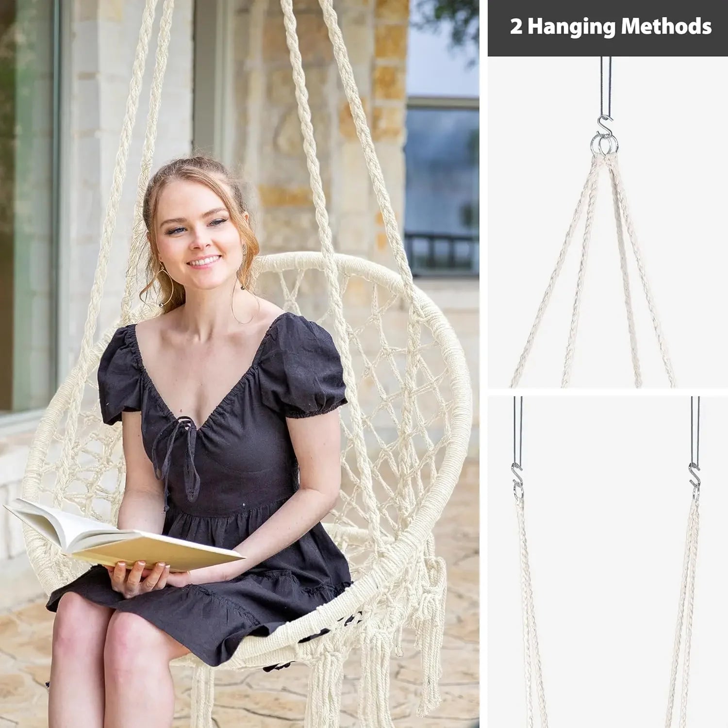 Silla Columpio de macramé para exteriores, hamaca de cuerda tejida a mano, hamaca con parada en Y para el hogar, dormitorio, Patio, terraza Y jardín interior