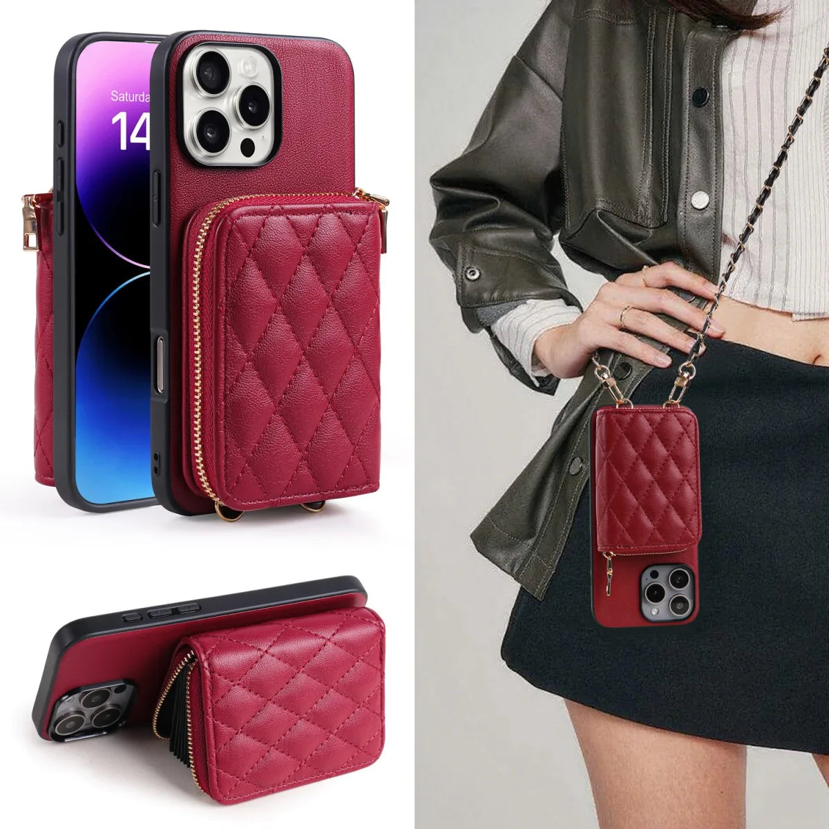 Nueva tendencia, funda de teléfono de cuero PU con patrón de cordero para iPhone 17 /16 /15/14/13/12/11, funda para tarjetas multifuncional, cadena larga elegante