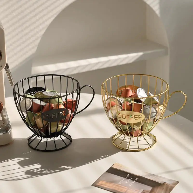 ♥ Soporte para Cápsulas de Café de Metal en Forma de Copa (Dorado/Negro) - Estante de Almacenamiento de Alambre para Cápsulas Nespresso, Organizador de Encimera de Cocina