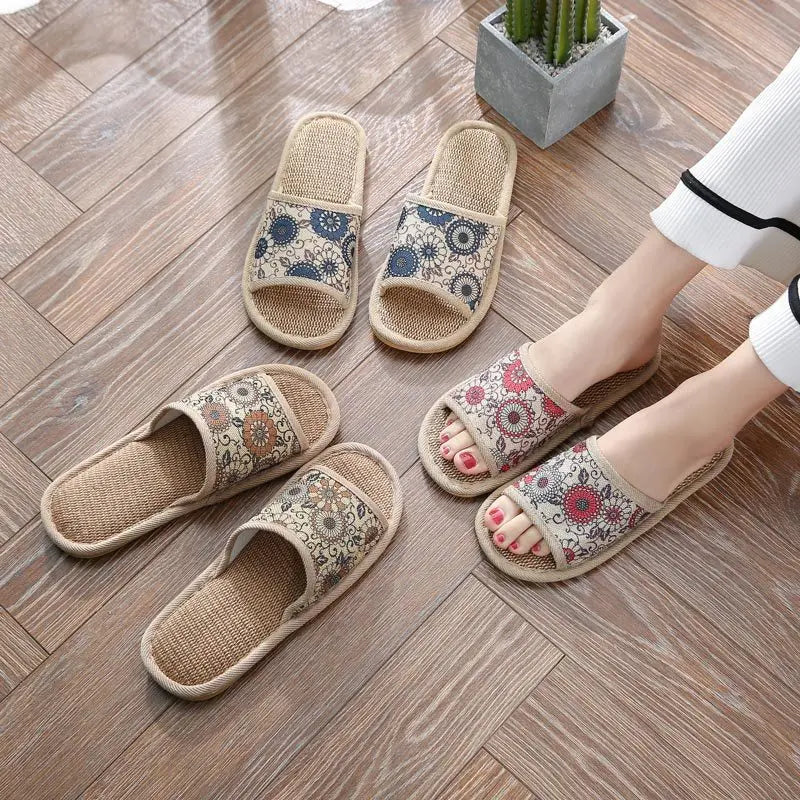 Otoño Invierno zapatillas de suelo para mujer Retro de lino con punta abierta EVA sandalias casuales de fondo grueso zapatillas de interior para parejas zapatos