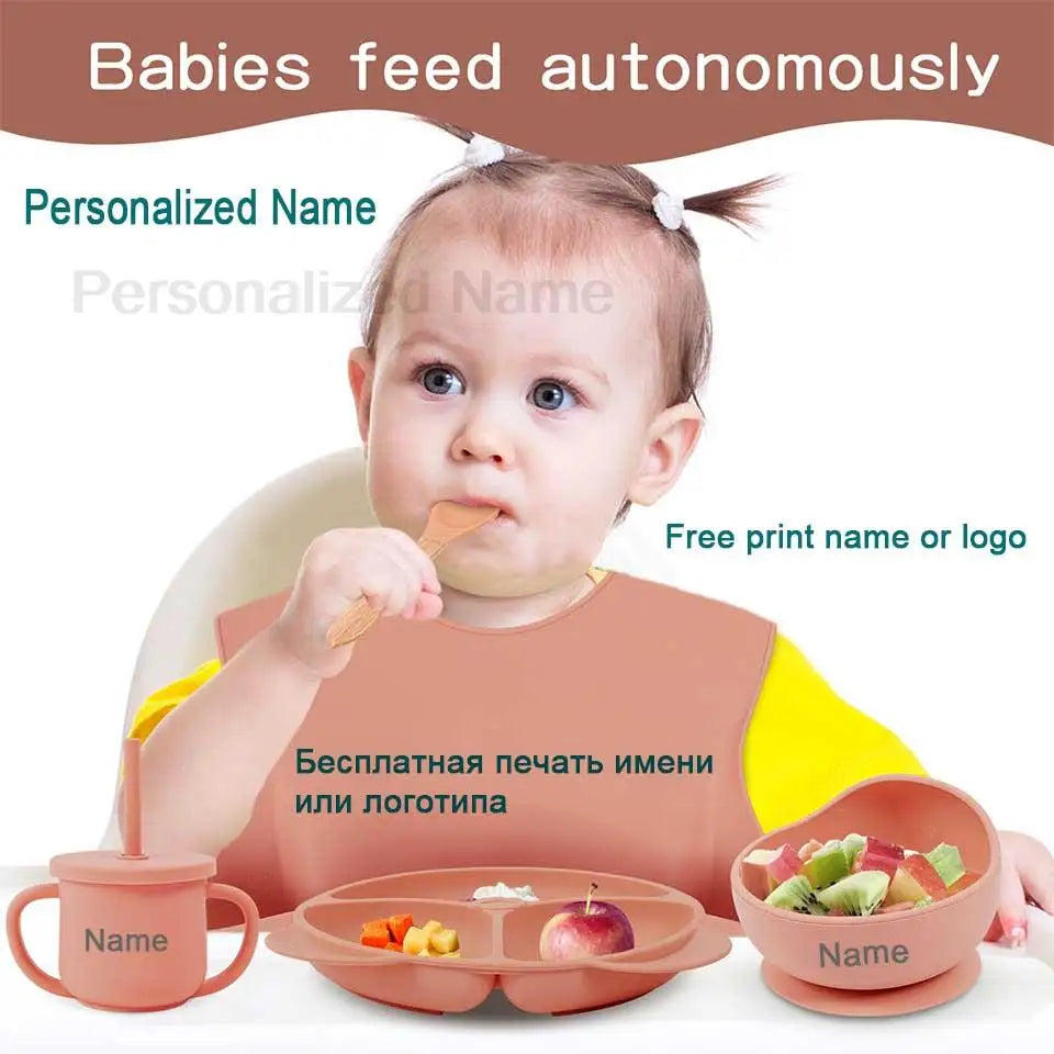 Juego de alimentación de silicona para bebé, plato de comedor redondo, cuenco con ventosa, platos para niños, vajilla con nombre personalizado, taza de paja, 8 Uds.