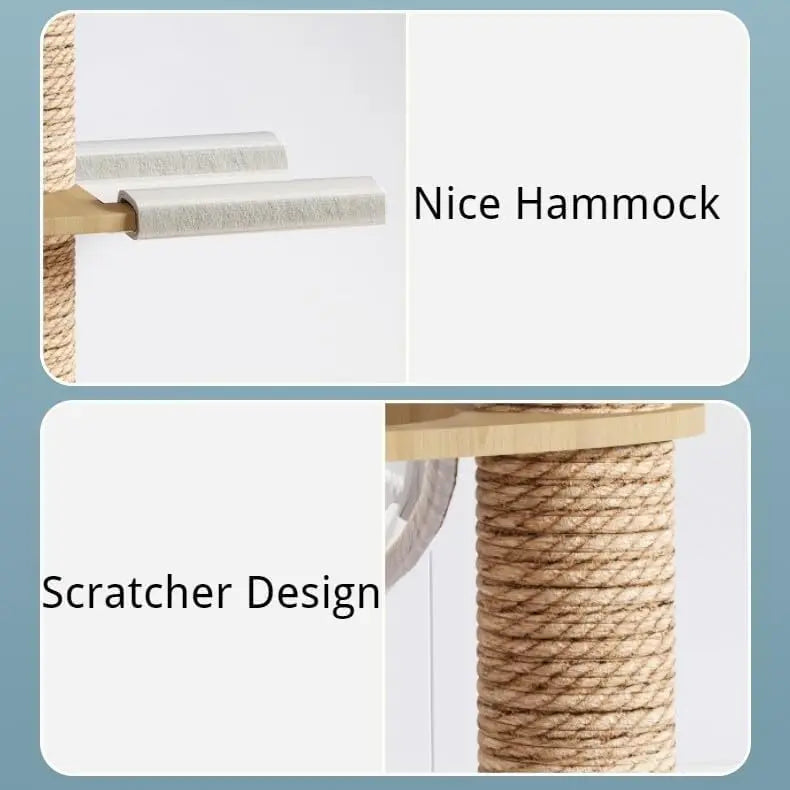 Torre para gatos grande de madera maciza con plataforma de salto multinivel, rascador, juguete y mueble para gatos.