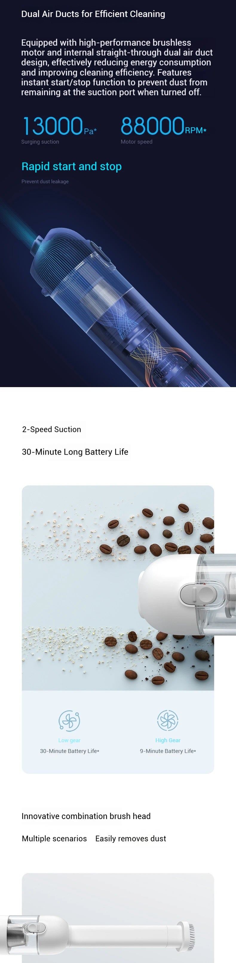 Aspiradora Xiaomi Mi Mini, 13000Pa, Inalámbrica Portátil, Arranque con un Botón, Motor sin Escobillas de 88000 RPM con Múltiples Boquillas para Auto