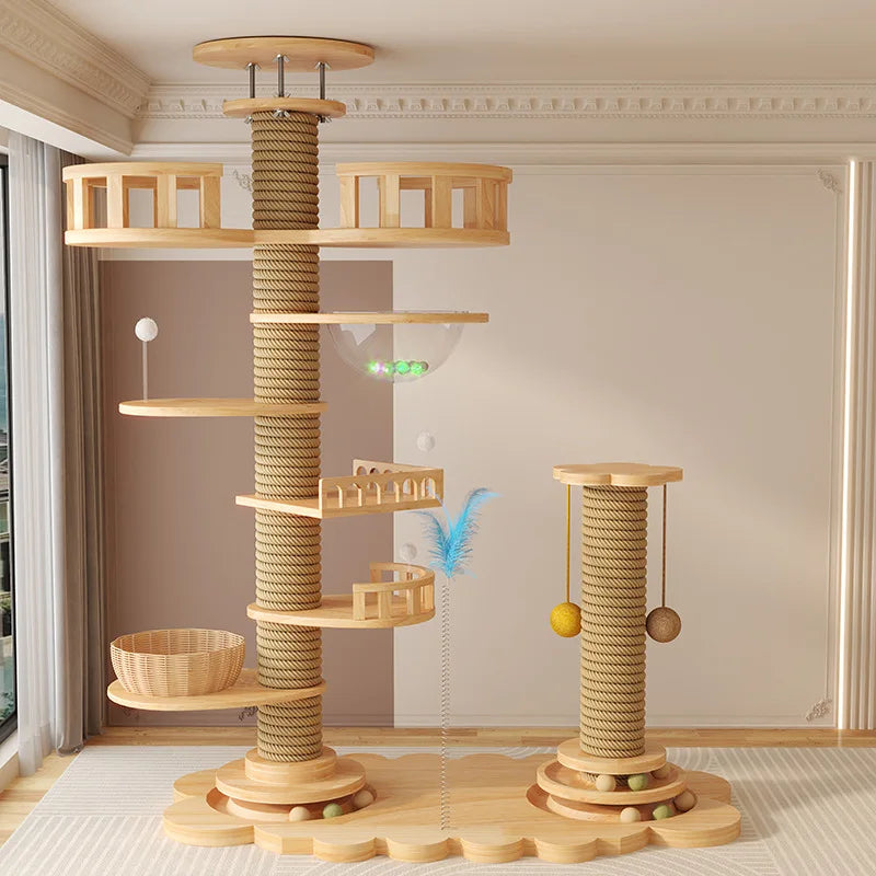 Torre para gatos grande de madera maciza con plataforma de salto multinivel, rascador, juguete y mueble para gatos.