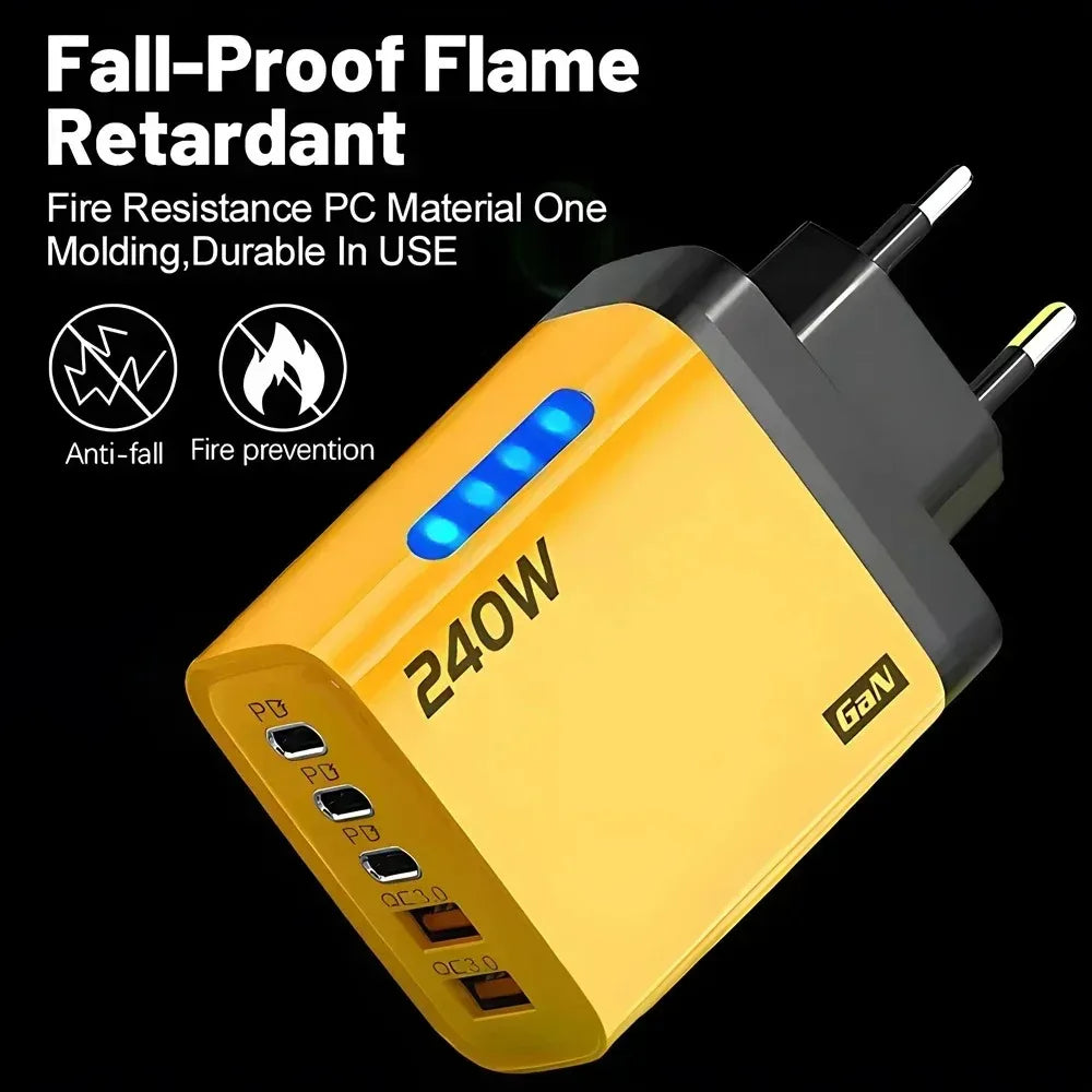 Cargador USB C GaN 5 en 1 de 240W, adaptador de carga rápida para teléfono, PD QC3.0, enchufe europeo/estadounidense/británico, cargador de pared para iPhone, Samsung, Xiaomi