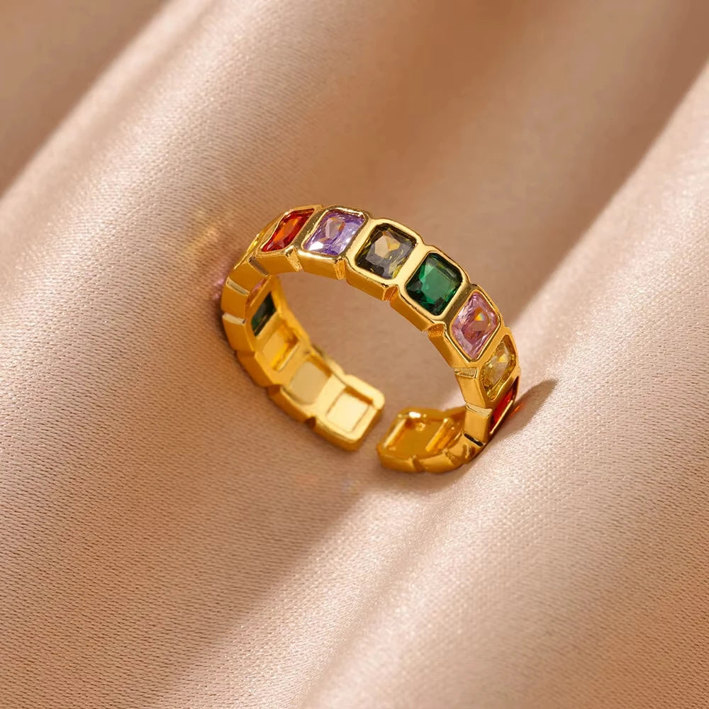 Anillos de acero inoxidable de lujo chapados en oro, piedra colorida, anillo de corazón de cristal de circón para mujer, joyería Bohemia de boda, regalo de Navidad
