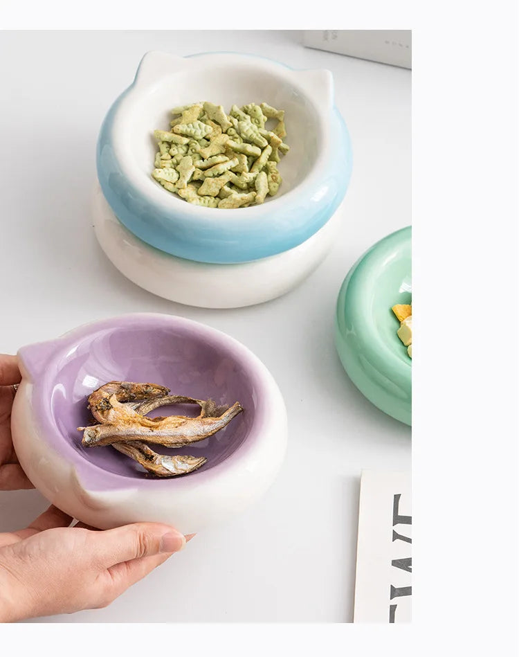 Cuenco de comida con forma de oreja de gato de fondo plano de cerámica creativo, plato de comedor, suministros antisuciedad para mascotas, cuenco para beber