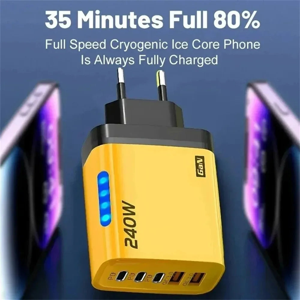 Cargador USB C GaN 5 en 1 de 240W, adaptador de carga rápida para teléfono, PD QC3.0, enchufe europeo/estadounidense/británico, cargador de pared para iPhone, Samsung, Xiaomi