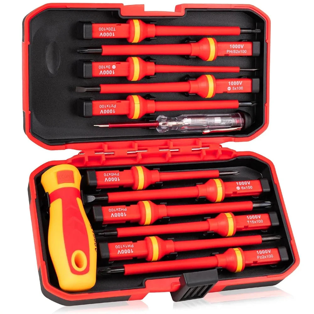 Juego de 10 Destornilladores Aislados VDE 500V, con Puntas Magnéticas Intercambiables y Estuche, para Electricistas Profesionales y Domésticos