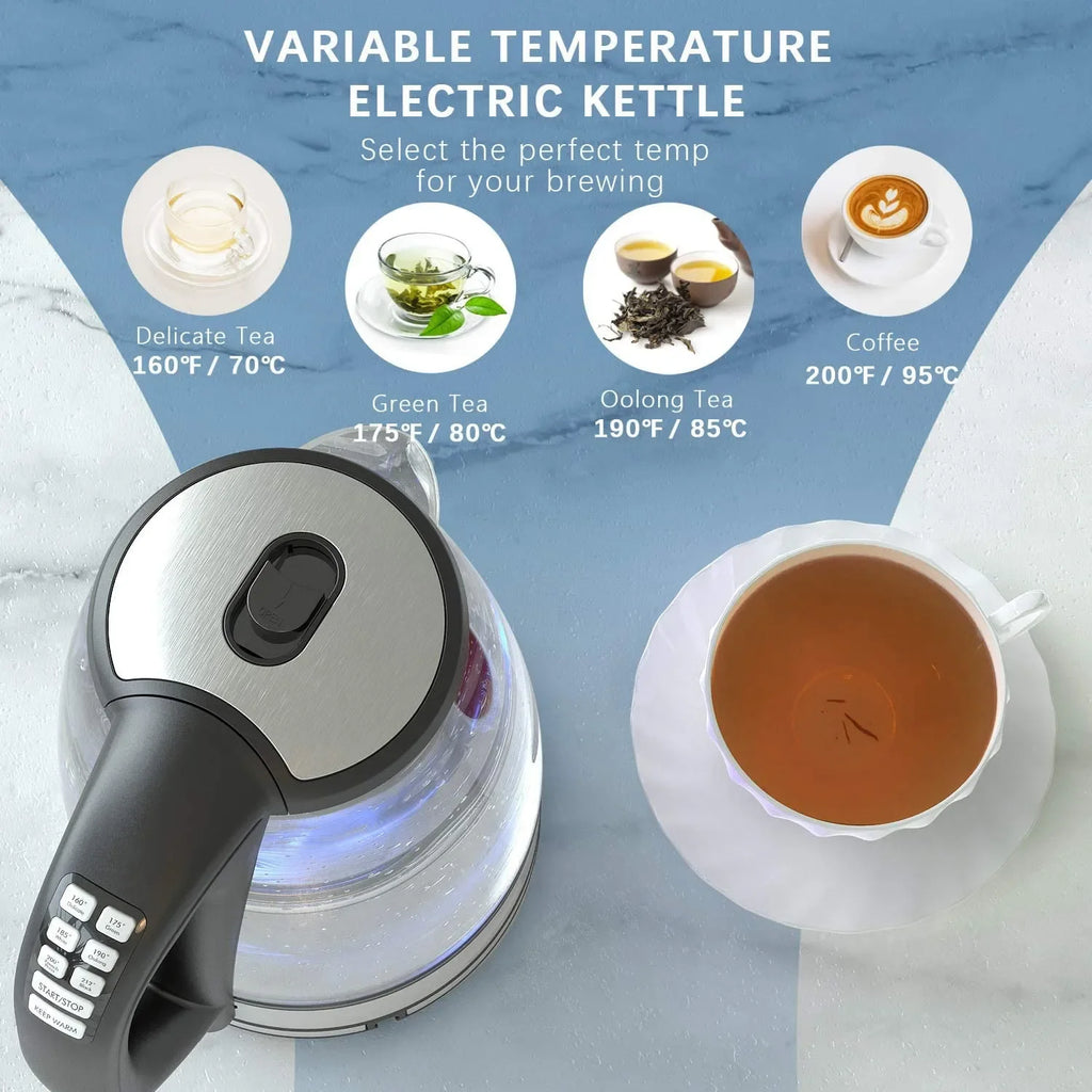 DEVISIB Hervidor eléctrico de vidrio, ebullición rápida de 2200 W, control de temperatura, mantener caliente las 4 horas, tetera de 2,0 L y caldera de agua caliente