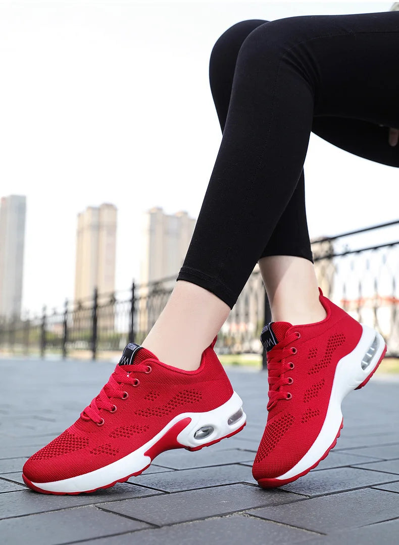 Zapatos deportivos transpirables con amortiguación de aire para mujer, zapatillas informales con cordones cruzados y tacón plano con punta redonda de estilo coreano