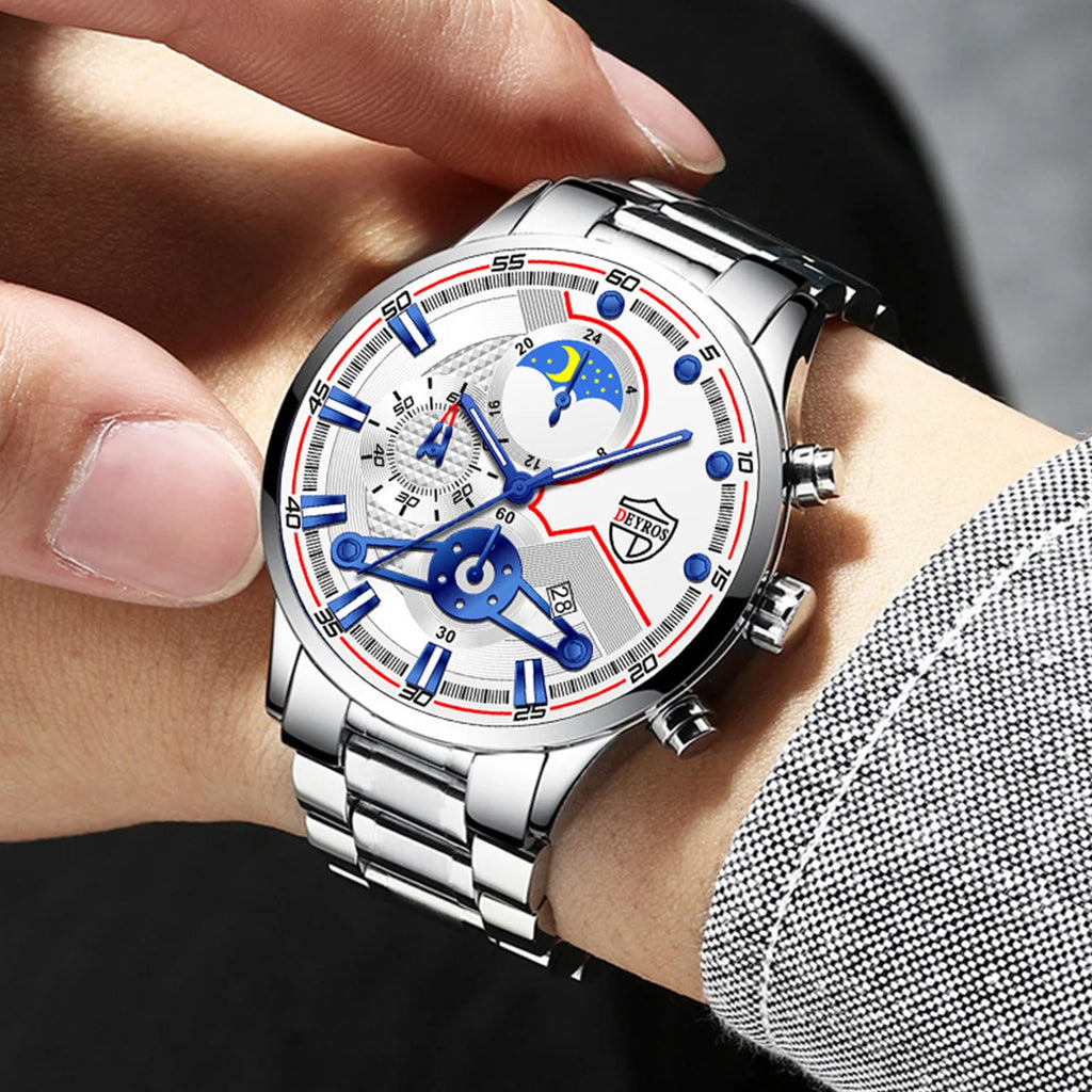 Reloj Hombre, relojes de negocios de lujo de 3 piezas para Hombre, Reloj deportivo de ocio con calendario completo para Hombre, Reloj de cuarzo de acero inoxidable para Hombre