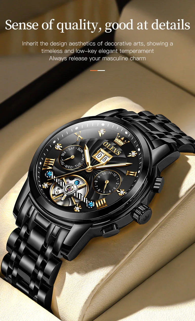 OLEVS 9910 Reloj para hombre Tourbillon de lujo Original Reloj mecánico automático Reloj luminoso resistente al agua con fecha y día con caja Reloj