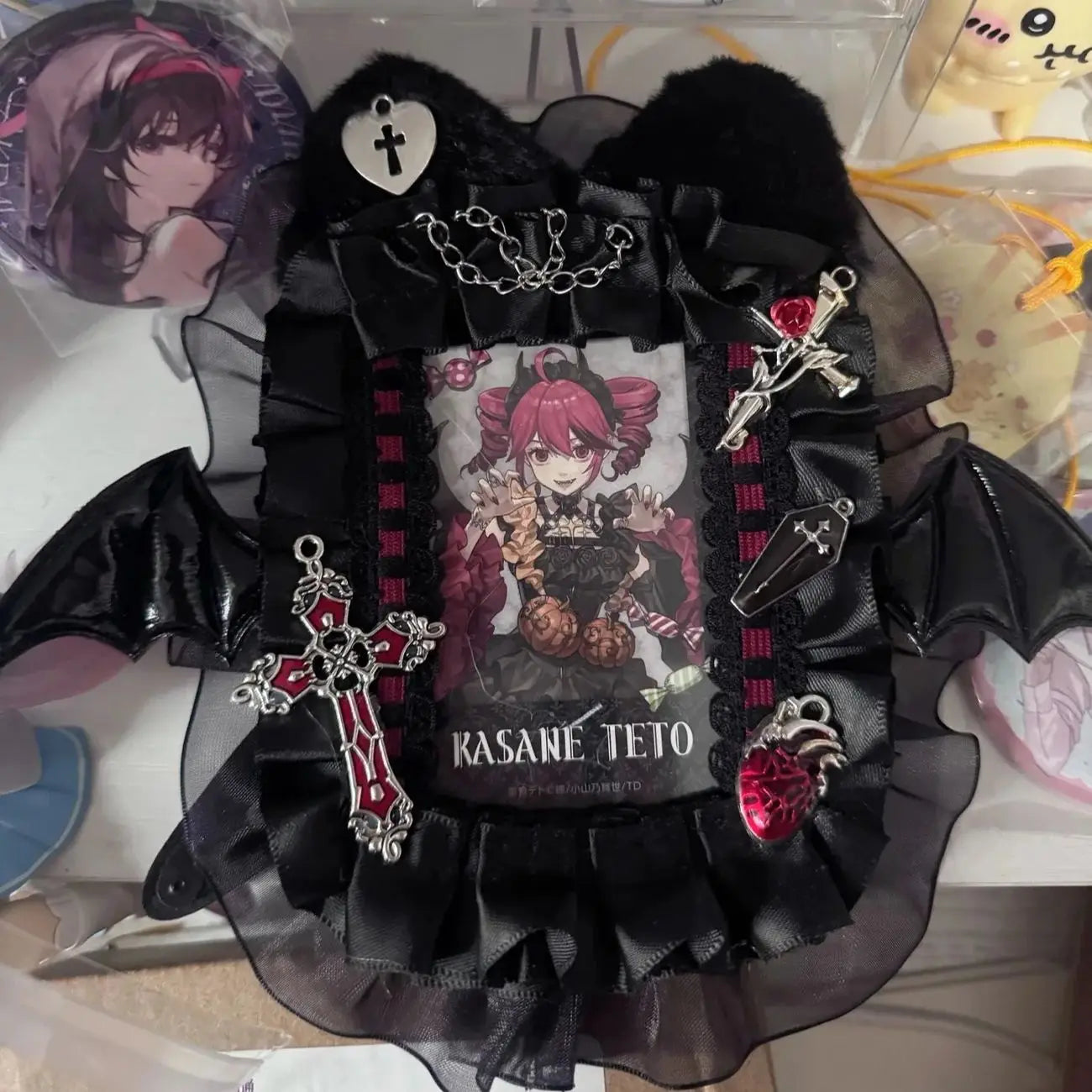 Portafoto de la serie Ins Dark para Kpop, diseño de ángel y murciélago, bolsa para tarjetas fotográficas, colgante, soporte para insignias, decoración con encaje para Itabag